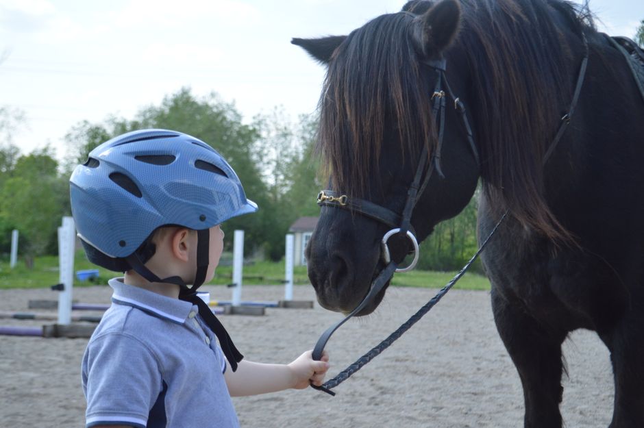 Enfant menant un poney par le licol lors d'une initiation à l'équitation